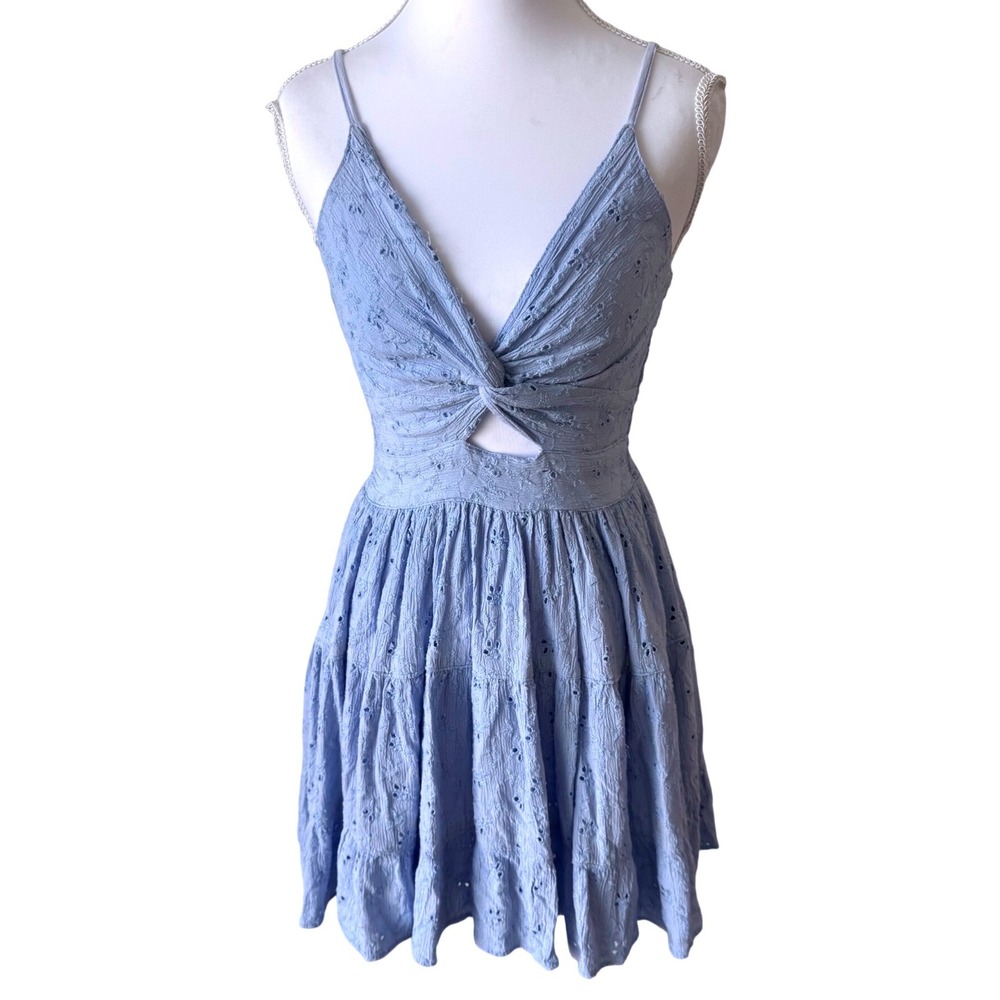 Angie Eyelet Mini Dress Blue Twist Front Cutout Boho Cottagecore Size‎ S